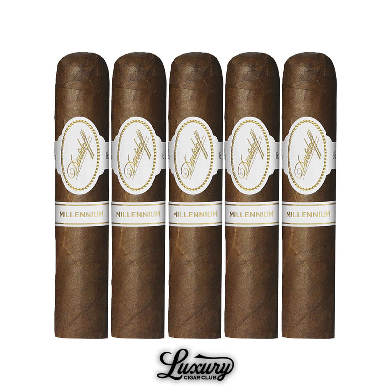 Davidoff Millennium Short Robusto 5-Pack premium cigars with a rich Ecuadorian wrapper, showcasing shorter, thicker shapes adorned with Davidoff Millennium dual bands, presented in front of the Luxury Cigar Club logo.