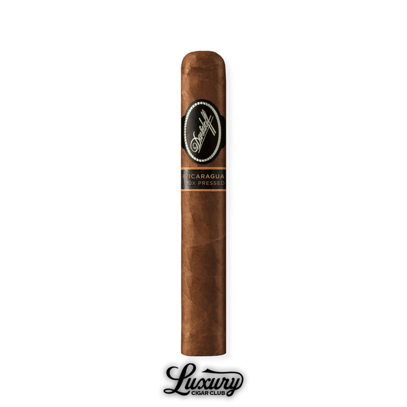 A single box-pressed Davidoff Nicaragua Robusto cigar, highlighting its squared shape, rich brown wrapper, and distinctive Nicaragua secondary band. Displayed cleanly with the Luxury Cigar Club logo beneath.