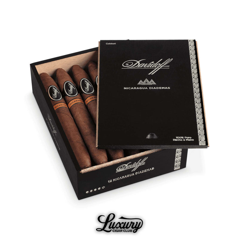Davidoff Nicaragua Diademas cigars in a luxury black box with tapered ends visible