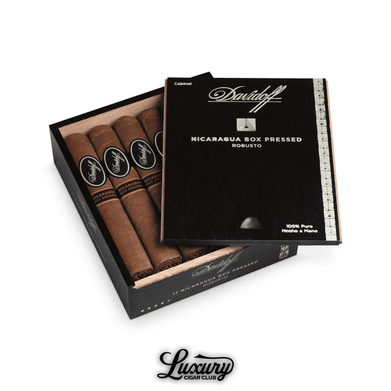 Open cabinet box of Davidoff Nicaragua Box Pressed Robusto cigars with sleek presentation