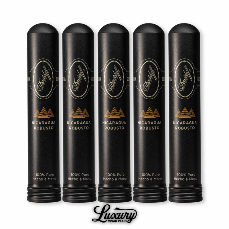 A lined presentation of five Davidoff Nicaragua Robusto cigars in black tubos, each labeled with gold typography and geometric detail, conveying luxury and strength. The set is paired with the Luxury Cigar Club logo for branding consistency.