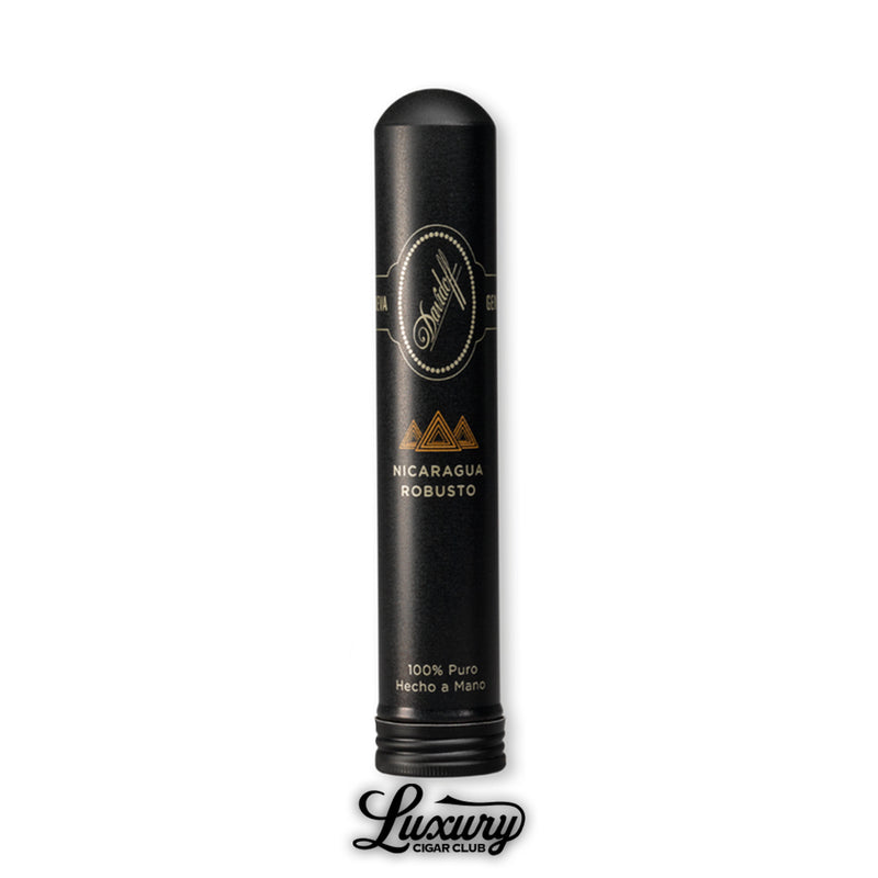 A Davidoff Nicaragua Robusto encased in a sleek matte black tubo marked with gold branding and 100% Puro Hecho a Mano. The bold packaging and premium look are shown above the Luxury Cigar Club logo.