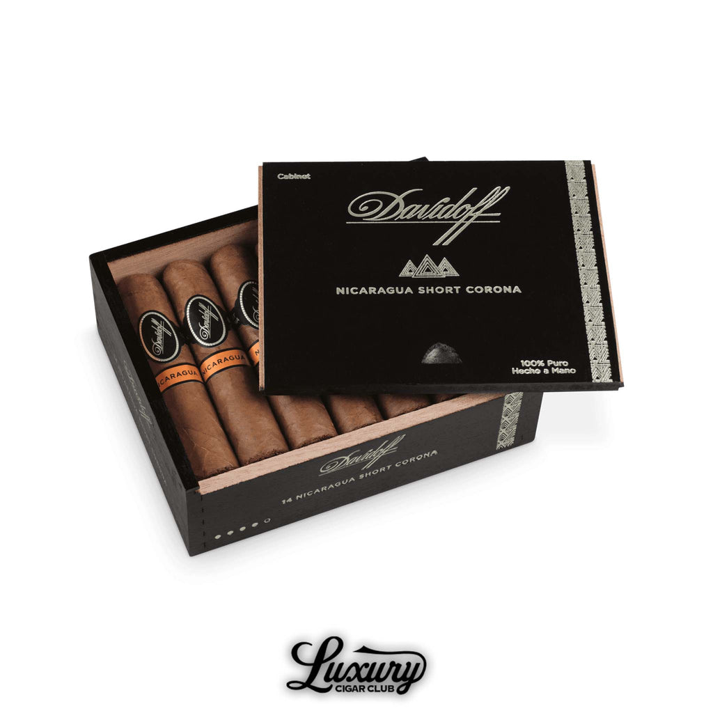 Davidoff Nicaragua Short Corona cigars arranged in an open black and silver box