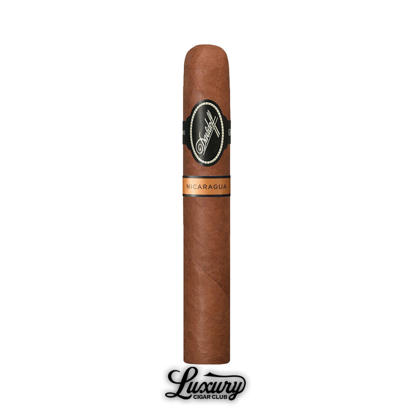 A single Davidoff Nicaragua Toro cigar with medium-brown wrapper, signature black Davidoff band, copper Nicaragua band, shown upright with the Luxury Cigar Club logo below.