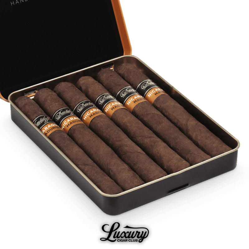 Close-up of Davidoff Primeros Nicaragua Maduro Petit Panatela cigars inside a black tin, highlighting the dark wrappers and black-and-orange cigar bands with Luxury Cigar Club branding below.