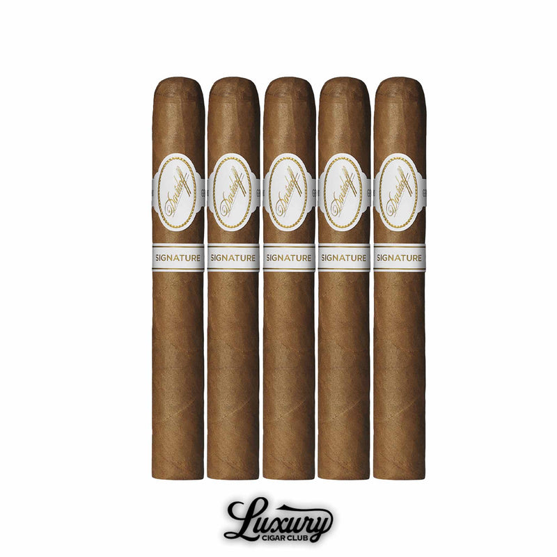 Davidoff Signature 2000 cigars in a 5-pack presentation, featuring smooth Connecticut wrappers with elegant white and gold bands, displayed upright with Luxury Cigar Club logo at the bottom.