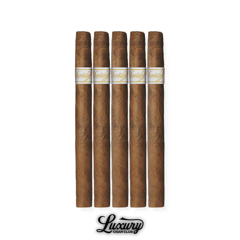 Davidoff Signature Exquisitos cigars in a slim and elegant 5-pack format, wrapped in light brown Connecticut leaf, each cigar with the iconic white Davidoff band, presented with Luxury Cigar Club branding.