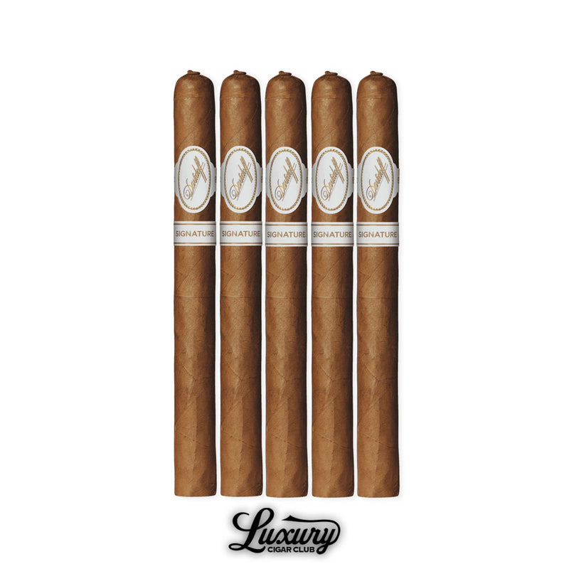 Five Davidoff Signature No. 2 Panetela cigars neatly lined, slim format with golden-brown wrappers and classic white Davidoff branding, displayed above the Luxury Cigar Club logo.