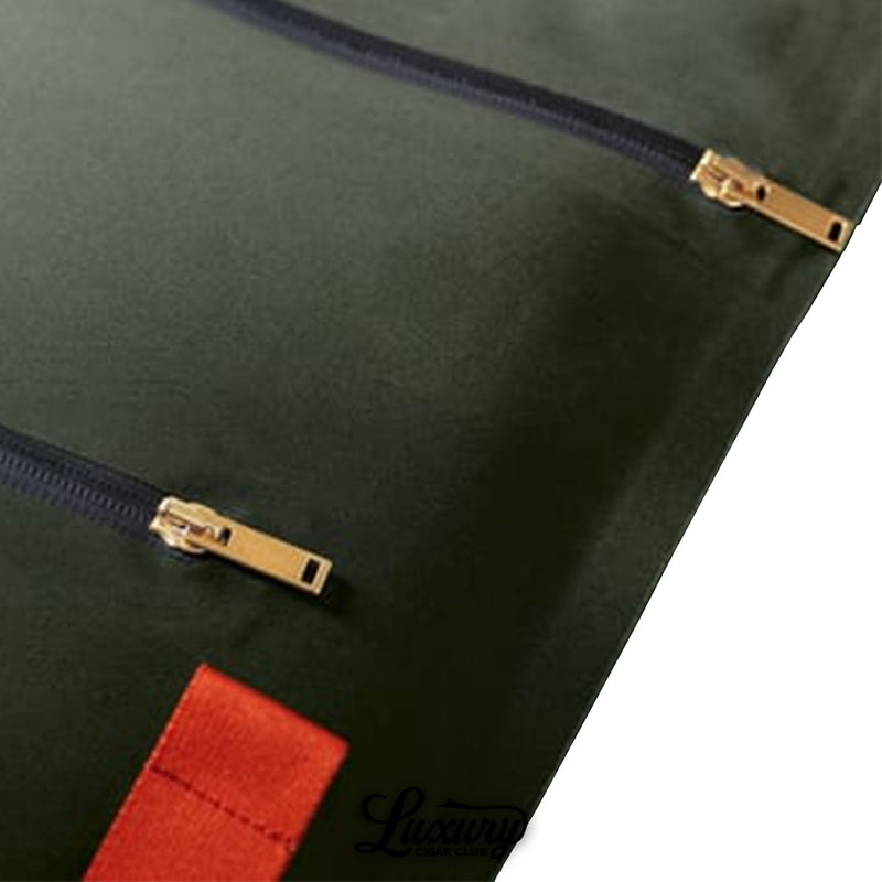 Detailed view of the Davidoff Travel Humidor Explorer’s dual gold zippers against the black textured material, offering secure closure and added functionality. The craftsmanship reflects Davidoff’s high-quality standards. Luxury Cigar Club.