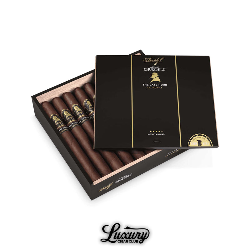 Open box of Davidoff Winston Churchill The Late Hour Churchill cigars with black and gold bands, partially covered by the matching black lid, displayed on a white background with Luxury Cigar Club branding.