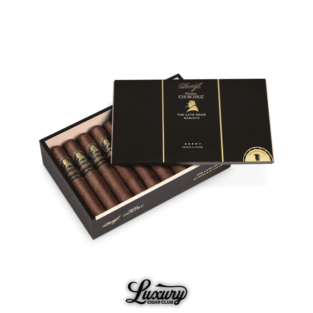 Open box of Davidoff Winston Churchill The Late Hour Robusto cigars with black and gold bands, shown with a matching black lid labeled “Robusto,” set against a white background with Luxury Cigar Club branding.
