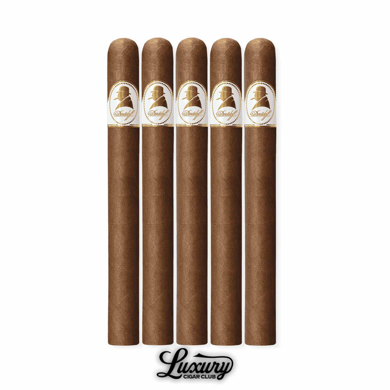 Close-up of five Davidoff Winston Churchill The Original Series Churchill cigars in a 5-pack bundle, featuring smooth Ecuadorian wrapper and classic white and gold bands with Churchill silhouette logo, displayed by Luxury Cigar Club.