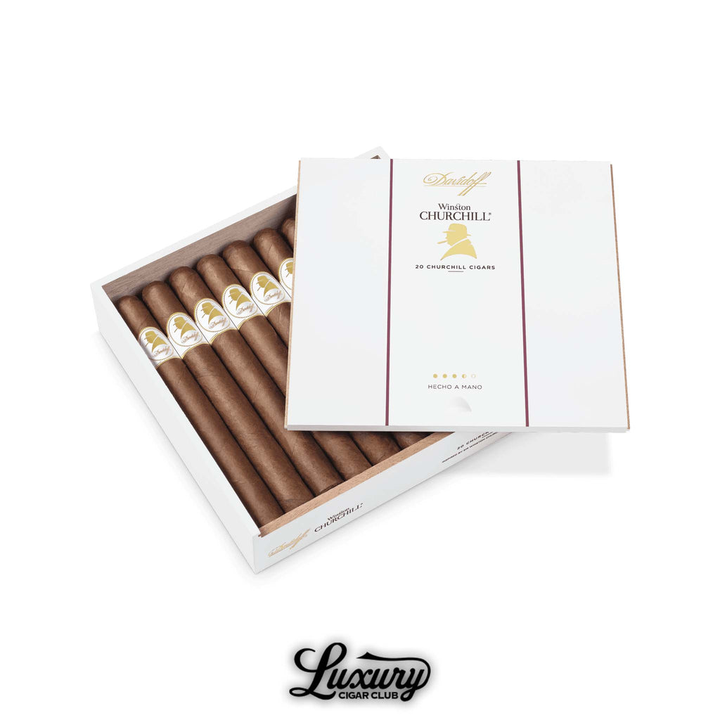 Box of Davidoff Winston Churchill The Original Series Churchill cigars with elegant white and gold bands, partially open lid revealing premium handmade long-filler cigars, with Luxury Cigar Club logo at the bottom.