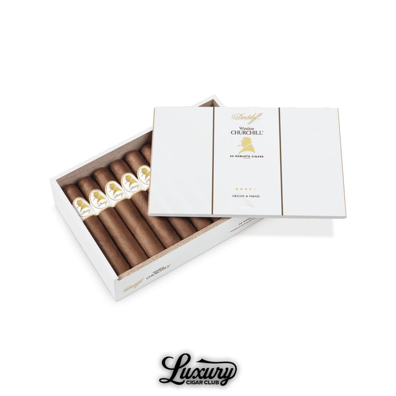 Box of Davidoff Winston Churchill The Original Series Robusto cigars in elegant white packaging with gold branding and silhouette design, partially open to reveal premium hand-rolled cigars neatly arranged inside, with Luxury Cigar Club logo displayed at the bottom.