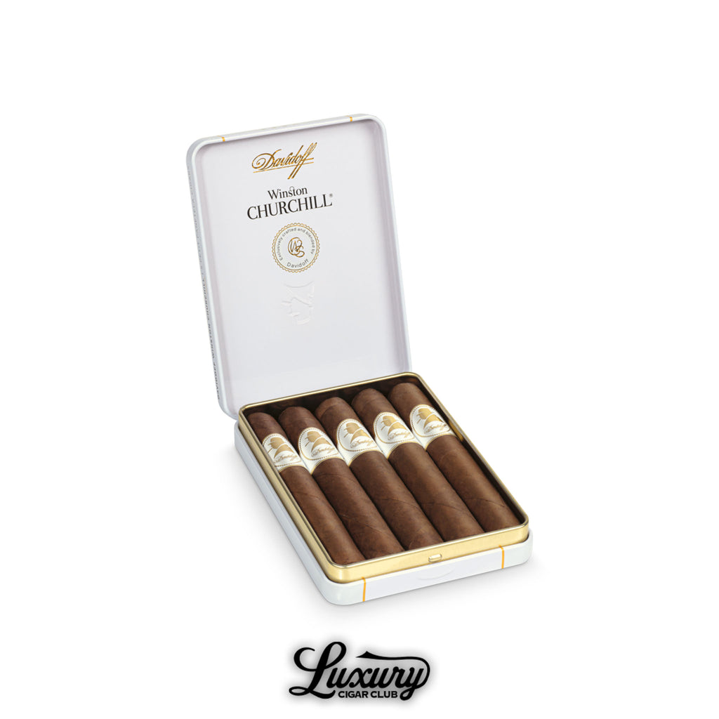 Open tin of Davidoff Winston Churchill Petit Panatela cigars featuring white and gold branding