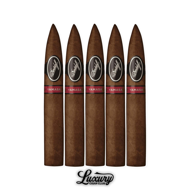 Five Davidoff Yamasa Piramides cigars arranged side by side, showcasing pointed pyramid-shaped heads, rich brown wrappers, and dual Davidoff black and red Yamasa bands, with Luxury Cigar Club branding at the bottom.