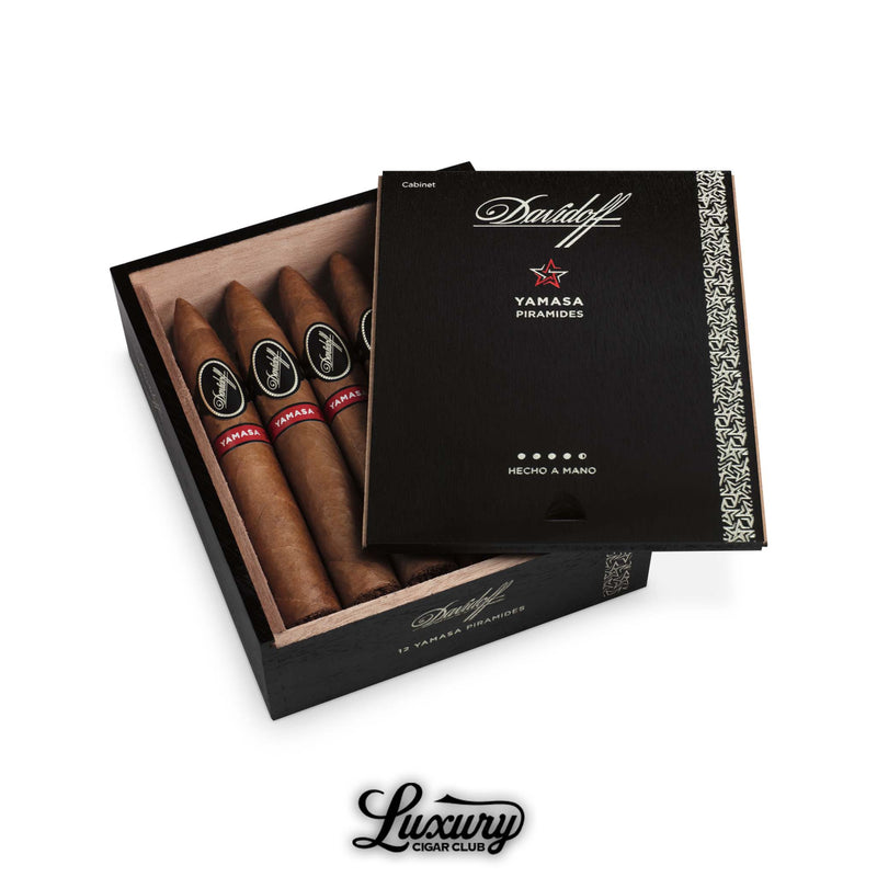Box of Davidoff Yamasa Piramides cigars in signature tapered shape and dark black-and-red packaging.