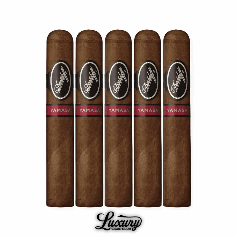 Five Davidoff Yamasa Robusto cigars lined up vertically, each with a smooth dark wrapper, elegant black Davidoff label, and bold red Yamasa band, highlighted with the Luxury Cigar Club logo below.