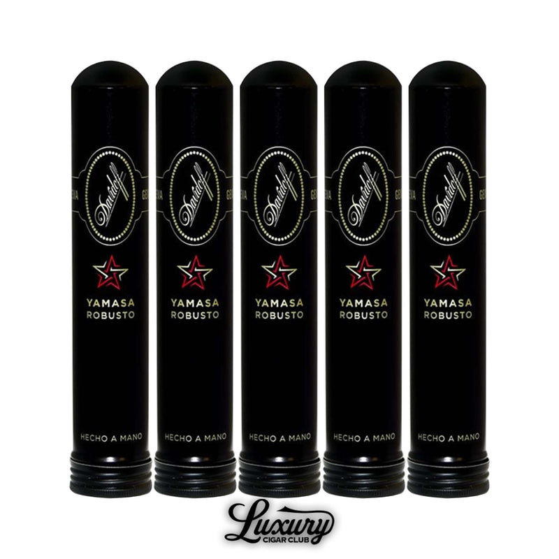 Set of five sleek black tubos containing Davidoff Yamasa Robusto cigars, each tube decorated with the Davidoff oval logo, red star, and Yamasa Robusto text, arranged neatly with the Luxury Cigar Club logo visible underneath.