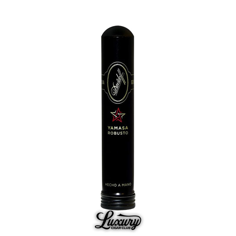 Single Davidoff Yamasa Robusto cigar encased in a black tubo featuring the Davidoff oval crest, red star emblem, and Yamasa Robusto text, standing upright with the Luxury Cigar Club branding displayed at the bottom.