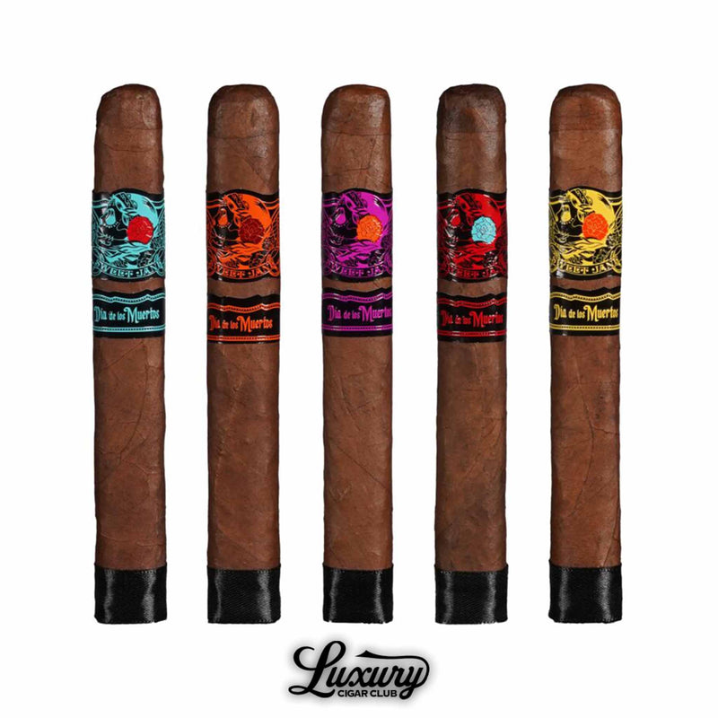 Luxury Cigar Club Deadwood Sweet Jane Día de los Muertos 2025 toro cigars in a five pack featuring colorful Día de los Muertos skull bands and dark maduro wrapper.
