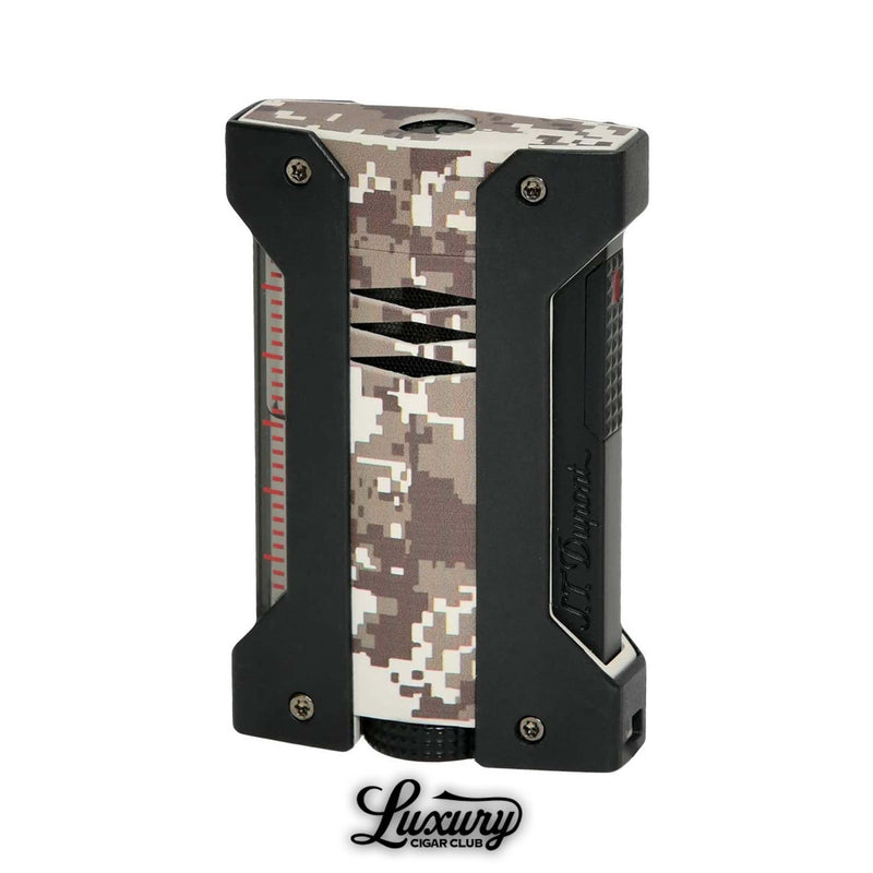 desert camouflage S.T. Dupont Défi Extreme lighter with black casing, shown at Luxury Cigar Club