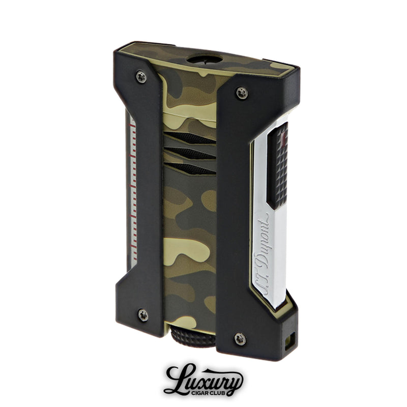 green camouflage S.T. Dupont Défi Extreme lighter with chrome and black details, displayed at Luxury Cigar Club