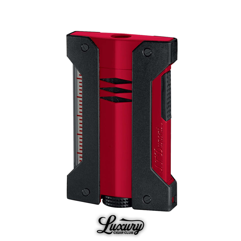 red S.T. Dupont Défi Extreme lighter with black frame, shown at Luxury Cigar Club