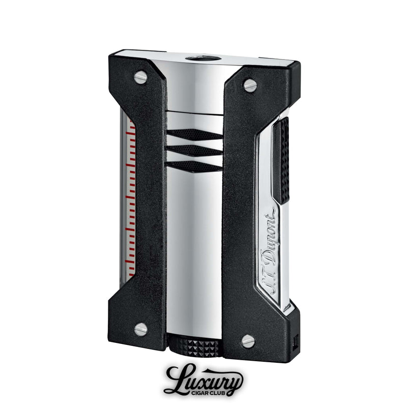 silver S.T. Dupont Défi Extreme lighter with black accents, displayed at Luxury Cigar Club