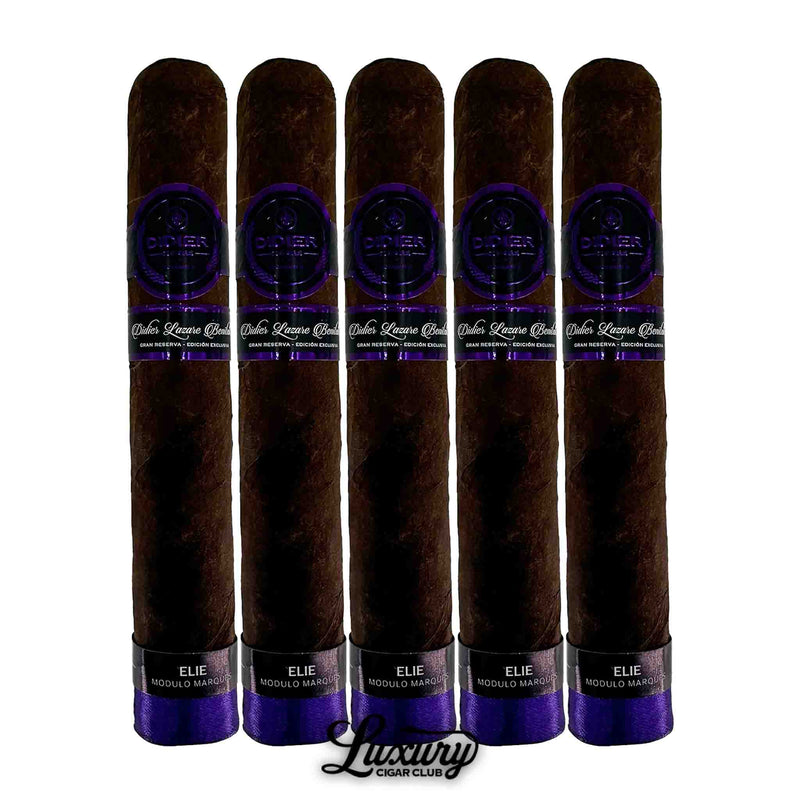 Close-up of five Didier Elie Módulo Marqués cigars with dark brown wrappers, purple foot bands, and black-and-purple main bands.