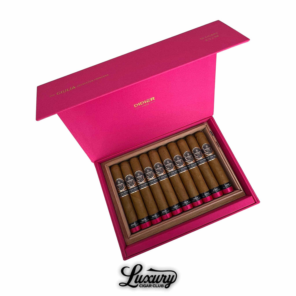 Open pink Didier Giulia cigar box with ten cigars in wooden tray – Luxury Cigar Club branding.