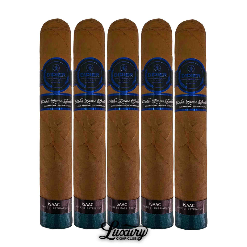 Close-up of five Didier Isaac Serie El Patriarca cigars with light brown wrappers, teal foot bands, and black-and-blue main bands.