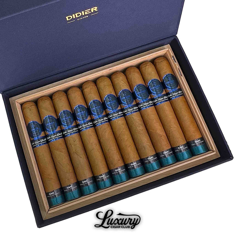 Close-up view of Didier Isaac Serie El Patriarca cigars in a navy blue box, showcasing light brown wrappers, blue and black labels, and cedar-lined interior.