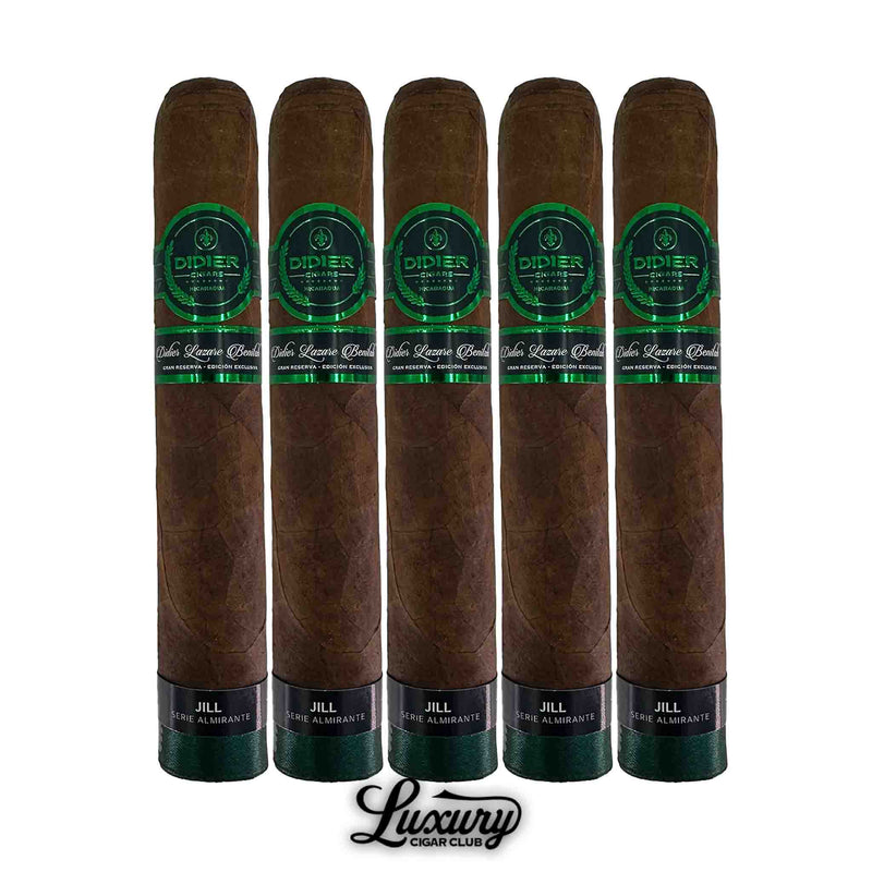 Close-up of five Didier Jill Serie Almirante cigars with medium brown wrappers, green foot bands, and black-and-green main bands.