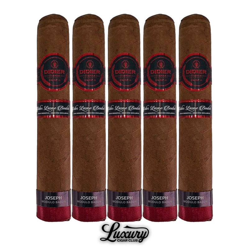 Close-up of five Didier Joseph Módulo Barón cigars with medium brown wrappers, red foot bands, and black-and-red main bands.