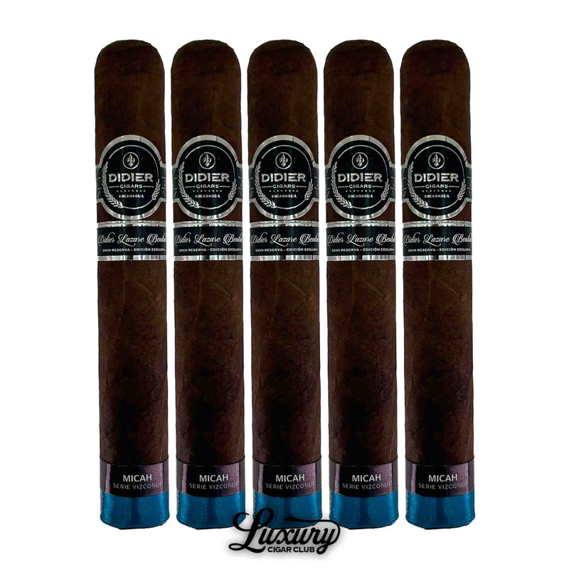 Five Didier Micah Series Vizconde cigars with dark wrappers and black labels lined up vertically, available at Luxury Cigar Club.
