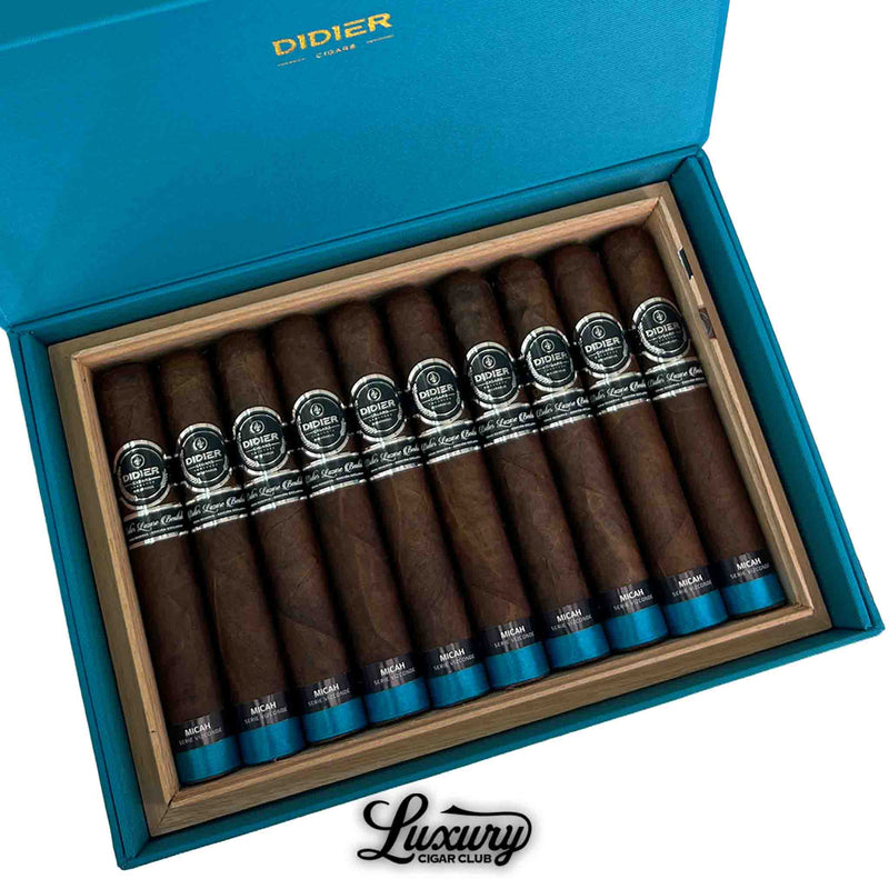 Close-up of Didier Micah Series Vizconde cigar box showcasing premium dark cigars with blue foot bands, sold by Luxury Cigar Club.