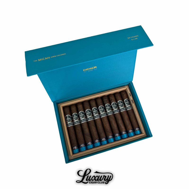 Open blue Didier Micah Series Vizconde cigar box with 20 dark-wrapped premium cigars, displayed for sale at Luxury Cigar Club.