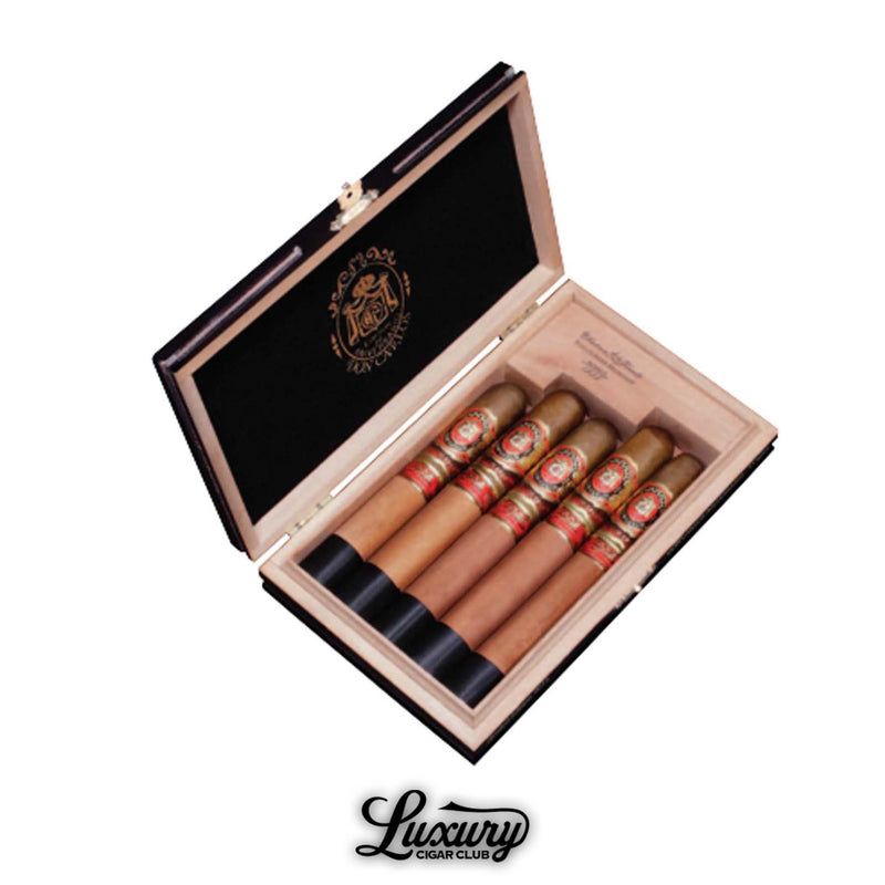 Fuente Fuente Opus X The Lost City Sampler box with five premium Dominican cigars featuring red and gold decorative bands, presented by Luxury Cigar Club.
