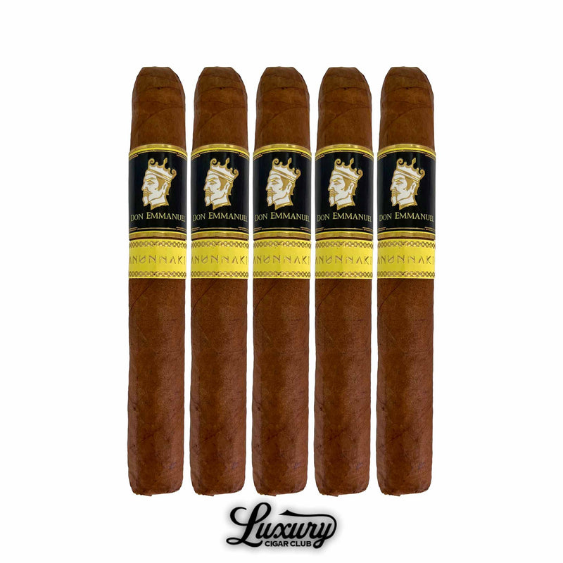 Five Don Emmanuel Anunnaki Anu cigars standing upright in a row with black and gold bands, showcased against a white background for Luxury Cigar Club.