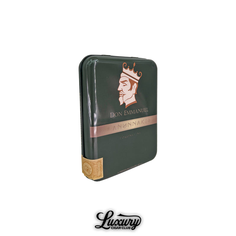 Closed dark green Don Emmanuel Anunnaki Corona Fina tin with gold crown profile illustration, presented for Luxury Cigar Club.