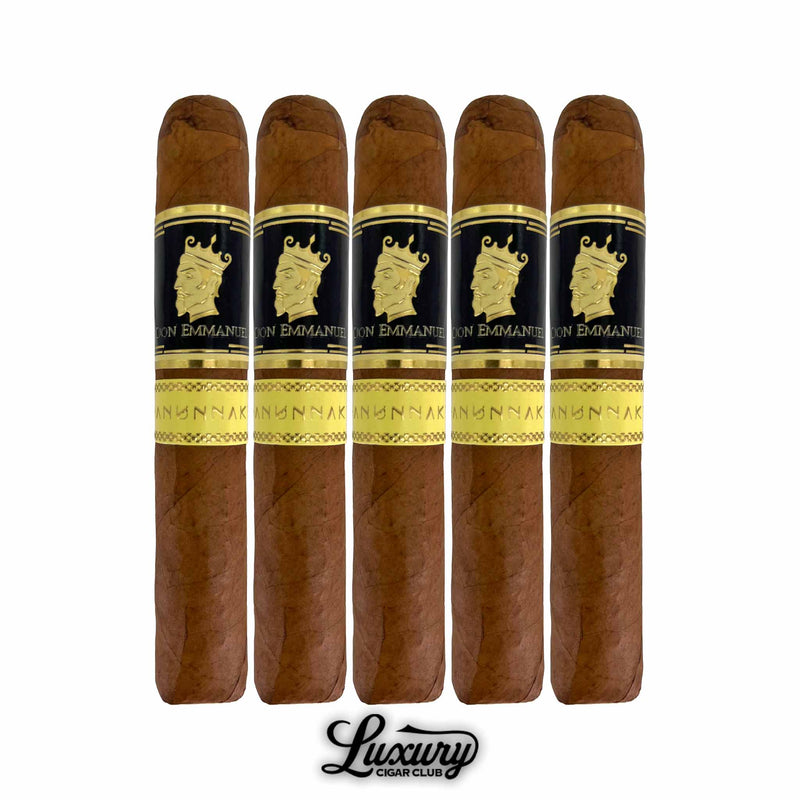 Five Don Emmanuel Anunnaki Ki cigars upright in a row with black and gold bands featuring golden king profile, displayed on white background for Luxury Cigar Club.