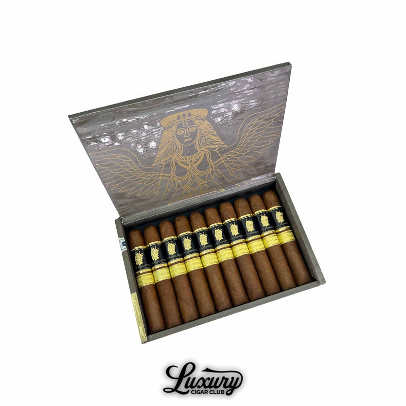 Open box of Don Emmanuel Anunnaki Ki cigars with golden-winged goddess artwork on the lid, displaying neatly packed cigars with black and gold bands, photographed for Luxury Cigar Club.