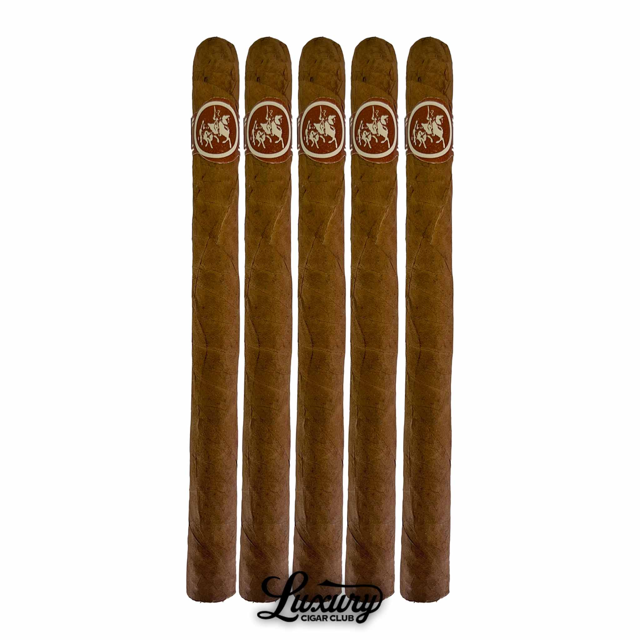 Five-pack of Don Quijote Carolinas cigars with light brown wrappers and brown bands, displayed upright with Luxury Cigar Club branding