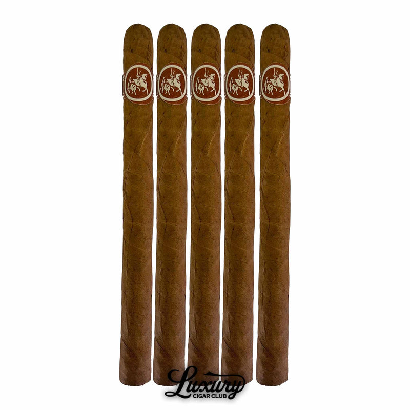 Five-pack of Don Quijote Carolinas cigars with light brown wrappers and brown bands, displayed upright with Luxury Cigar Club branding