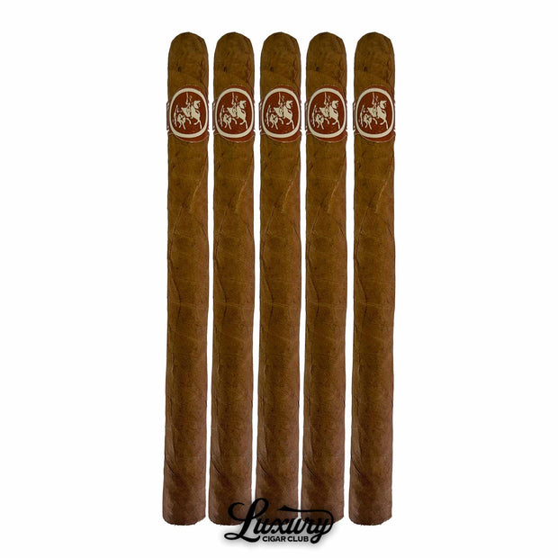 Five-pack of Don Quijote Carolinas cigars with light brown wrappers and brown bands, displayed upright with Luxury Cigar Club branding