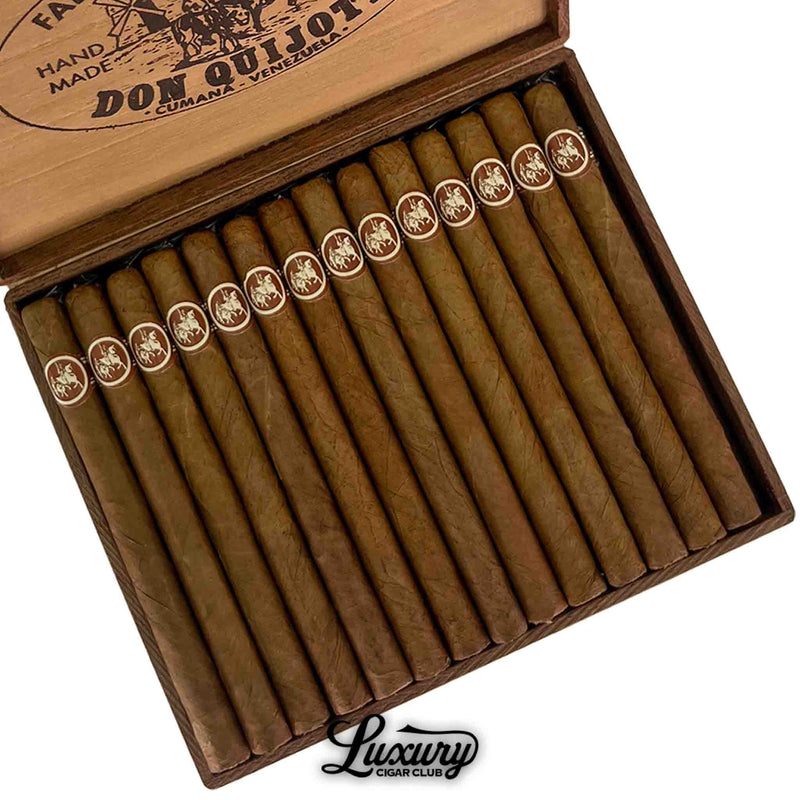 Close-up of Don Quijote Carolinas cigars in open wooden box with light brown wrappers and brown bands, Luxury Cigar Club logo
