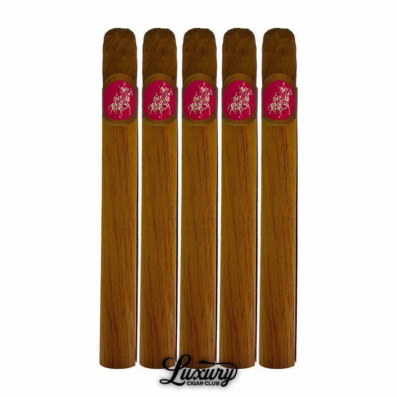 Five-pack of Don Quijote Churchill Especial cigars with light brown wrappers and pink bands, displayed upright with Luxury Cigar Club branding
