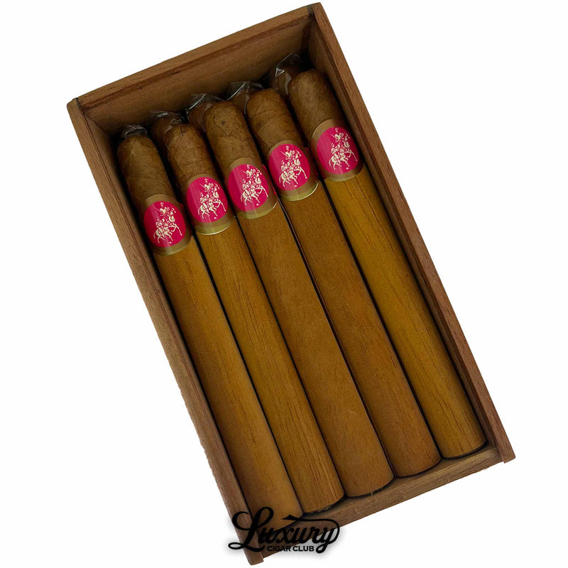 Close-up of Don Quijote Churchill Especial cigars in open wooden box with pink bands and light brown wrappers, Luxury Cigar Club logo