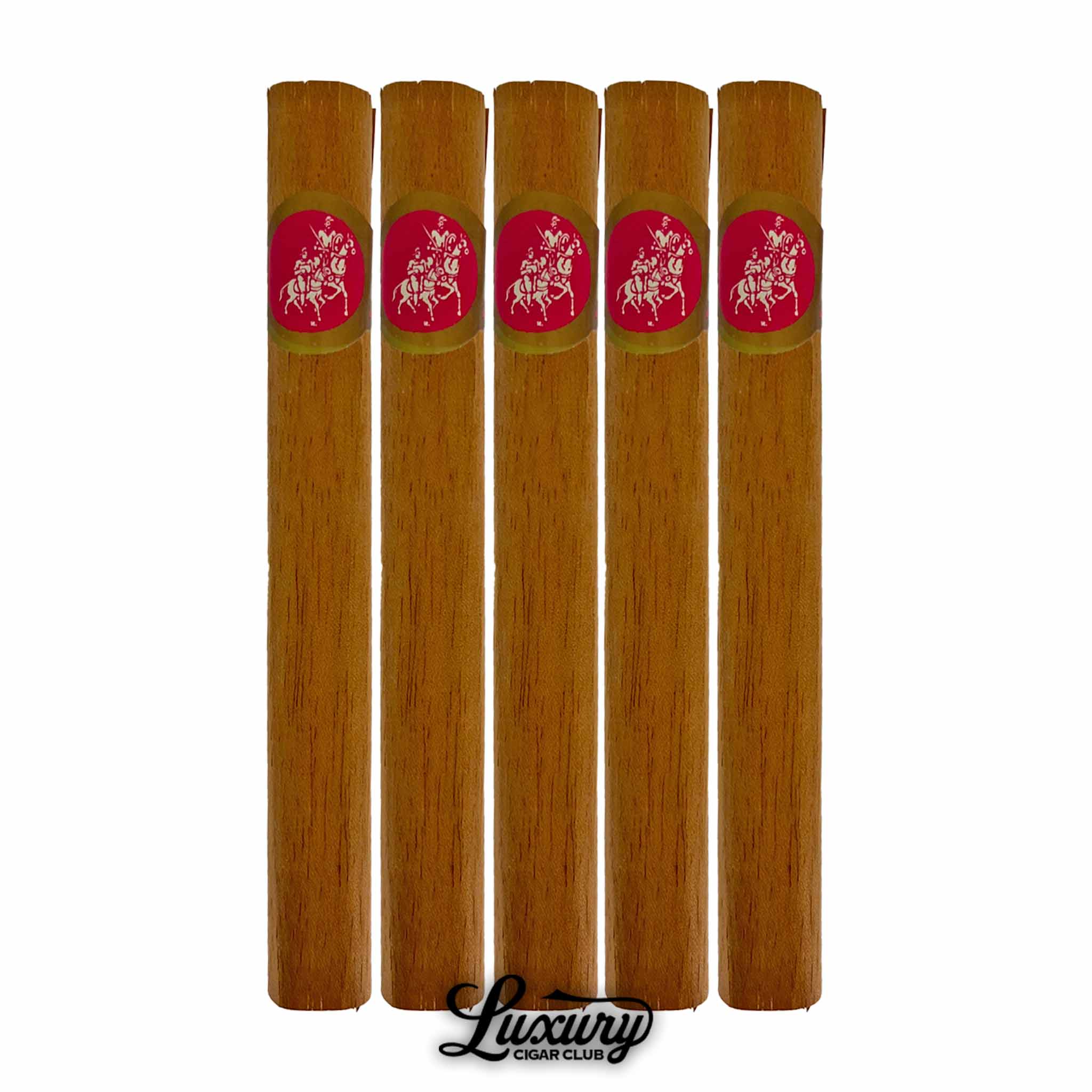 Five-pack of Don Quijote No. 5 cigars with light brown wrappers and pink bands, displayed upright with Luxury Cigar Club branding